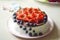 Curd cake decorated with fruit, no sugar, no flour. The concept of proper healthy diet, weight loss