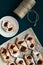 Curd cookies with raspberry filling, top view, flat lay