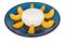 Curd with raisins and slices of peach in blue plate