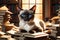 Curiosity\\\'s Edge: Siamese Cat Perched Precariously at the Edge of a Cluttered Desk, Surrounded by Mounds of Paper, Sleek and