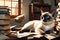 Curiosity\\\'s Edge: Siamese Cat Perched Precariously at the Edge of a Cluttered Desk, Surrounded by Mounds of Paper, Sleek and