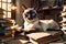 Curiosity\\\'s Edge: Siamese Cat Perched Precariously at the Edge of a Cluttered Desk, Surrounded by Mounds of Paper, Sleek and