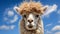 Curious Alpaca Portrait Against Blue Sky and Clouds generated by AI tool
