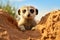 A curious baby meerkat pops its head out of a sandy hole, surveying its surroundings in the African savannah, A meerkat on guard