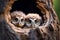 Curious baby owls in a tree hole nest, offering copy space