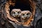 Curious baby owls in a tree hole nest, offering copy space