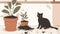 Curious black cat amidst scattered potting soil from a plant pot on the white rug. A funny kitten creating a mess
