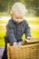 Curious Blonde Baby Boy Opening Picnic Basket Outdoors at the Park