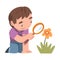 Curious Boy with Magnifying Glass Watching Blooming Flower Studying Plant and Exploring Environment Vector Illustration
