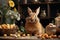 Curious Bunny Surrounded by Colorful Easter Eggs in a Rustic Kitchen Setting