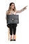 Curious businesswoman holding briefcase looks and points to side