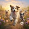 Curious Canines - A pack of adorable puppies exploring a colorful field filled with blooming wildflowers