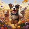 Curious Canines - A pack of adorable puppies exploring a colorful field filled with blooming wildflowers