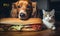 Curious cat and dog eyeing a hot dog. Created with AI