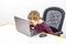 Curious Caucasian preschool boy using laptop, studio shot.