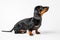 Curious dachshund puppy sits posing on white background and watching something with interest, copy space. Baby dog