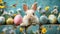 Curious Easter bunny peeking from soft blue wall with Easter eggs and flowers greeting card