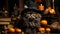 A curious feline wearing a festive pumpkin-patterned hat evokes a playful halloween spirit