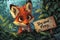 curious fox peering out from behind a bush, its sign reading \\\