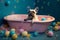 Curious French Bulldog in Whimsical Bathtime Scene (AI Generated)