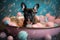 Curious French Bulldog in Whimsical Bathtime Scene (AI Generated)