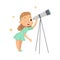 Curious Girl Looking in Telescope Studying Stars Vector Illustration