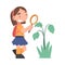 Curious Girl with Magnifying Glass Studying Plant and Exploring Environment Vector Illustration