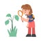 Curious Girl with Magnifying Glass Studying Plant and Exploring Environment Vector Illustration