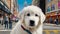 A curious Great Pyrenees puppy exploring a bustling city street