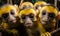 Curious Group of Squirrel Monkeys Gazing Intently Vivid Yellow Fur Expressive Faces Close-up Portrait