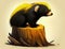 curious honey badger with a streak of yellow in its fur sniffs around an old tree stump. Cute creature. AI generation