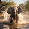 the curious innocence of a baby elephant playing in a waterhole, its trunk spraying water in all directions by AI generated