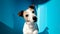 Curious Jack Russell terrier with funny brown ears on blue