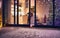 A curious kid is peeking out of the sliding doors at falling snow during the Christmas holidays. Children are having fun at home