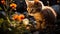 Curious Kitten in Autumn Flower Garden