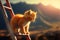 Curious kitten climbing the ladder in the mountains. Cute tiny cat on the stairway. Generated AI.