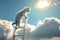 Curious kitten climbing the ladder to the sky with clouds. Cute tiny cat on the stairway. Generated AI.