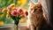 Curious Kitten Sniffs Flower in Close-up Shot generated by AI tool