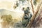 A curious koala perched in a eucalyptus tree in a serene watercolor landscape Generative AI