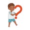 Curious Little African American Boy Holding Question Mark Wondering Vector Illustration