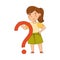 Curious Little Girl with Ponytail Holding Question Mark Wondering Vector Illustration