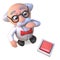 Curious mad scientist professor character looks at a switch on the floor, 3d illustration