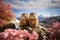 Curious marmots on a meadow with flowers in the mountains, animals in nature, wildlife