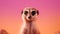 A curious meerkat standing against a soft pink background