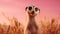 A curious meerkat standing upright against a soft pink background