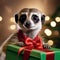A curious meerkat wearing a Christmas bowtie and peeking out of a gift box4