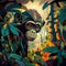 Curious monkey in surreal abstract jungle (generative AI)