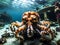 A curious octopus exploring a shipwreck site