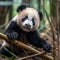 Curious Panda Cub Climbing Bamboo Tree in Lush Forest