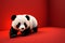 Curious Panda Peeks Around Corner Against Vibrant Red Background.AI Generated